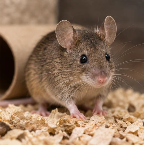 A brown feeder mouse on wood shavings beside a cardboard tube