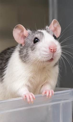A white and gray feeder rat resting its paws on the edge of a clear bin